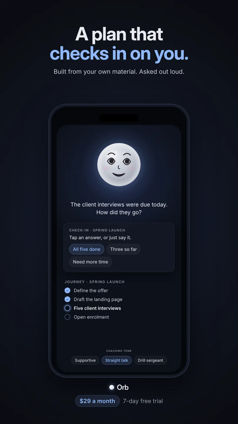 Orb on a phone screen. Orb asks: The client interviews were due today. How did they go? Suggested answers: All five done, Three so far, Need more time. Below, the Spring launch journey: Define the offer and Draft the landing page are ticked; Five client interviews is next; Open enrolment is still to come. The coaching tone is set to Straight talk.